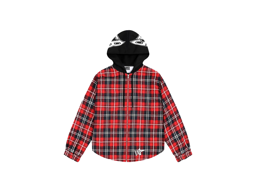 Sp5der Hooded Zip Flannel Shirt Jacket Red Plaid-Sp5der-pikastore.cz